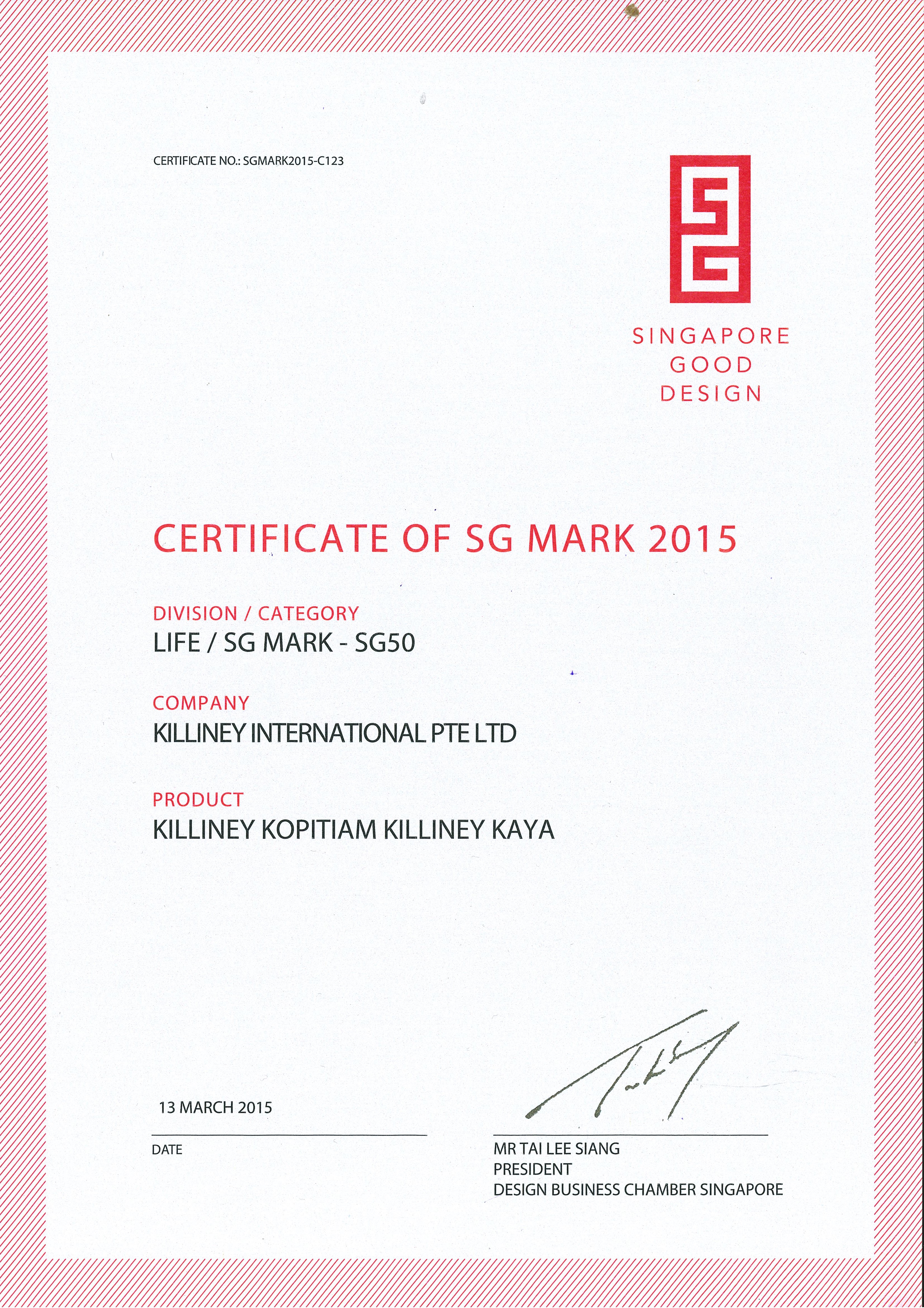 Certificate of SG Mark 2015